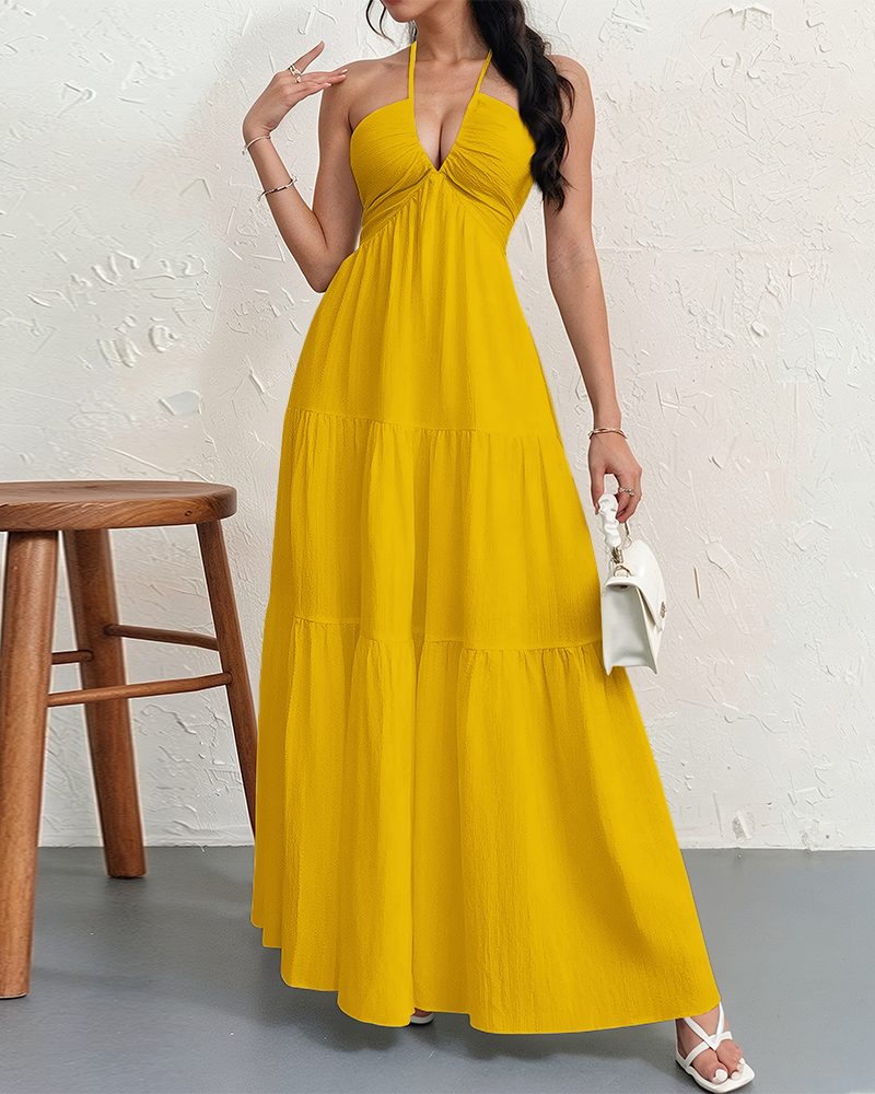 Women's Halter Deep V Neck Tie Knot Backless Maxi Dress – A-Line Flowy Ruffle