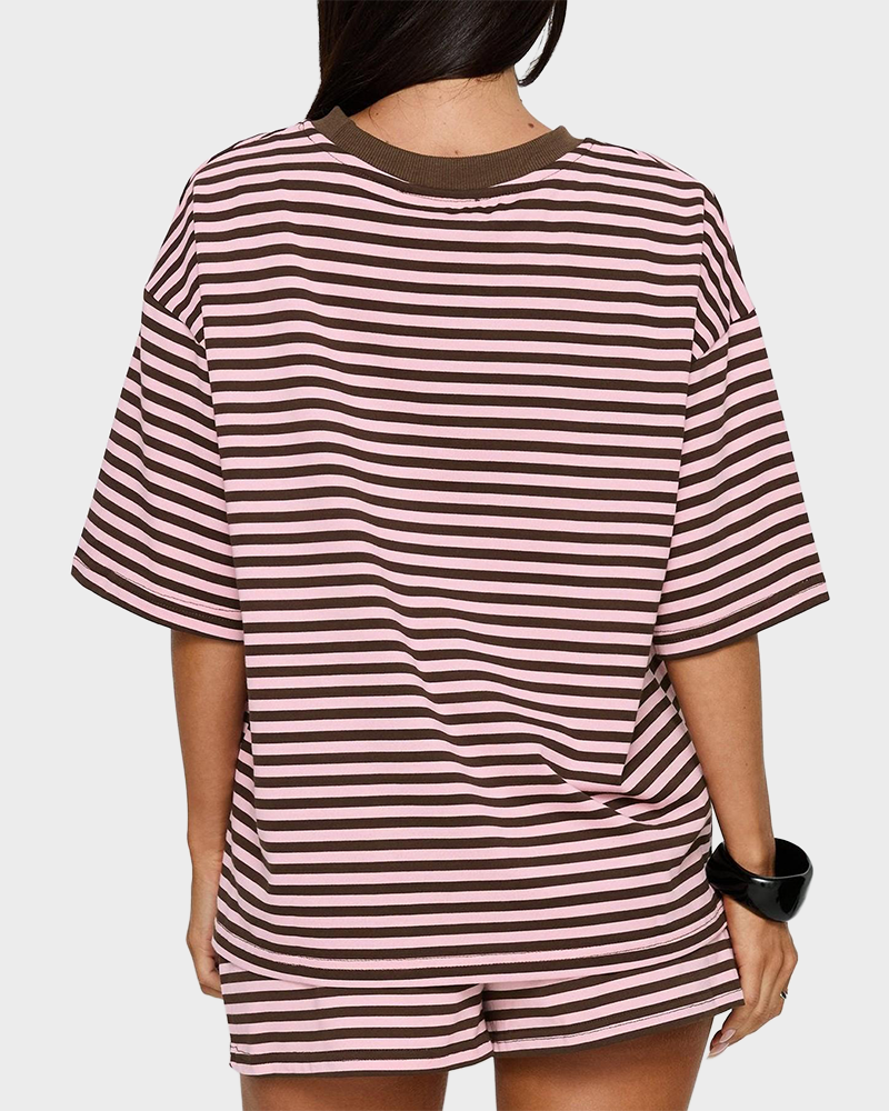 Striped Oversized T Shirt & Drawstring Shorts Soft Casual Knit Lounge 2 Piece Set
