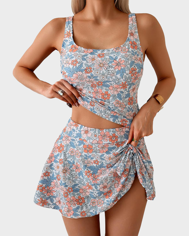Women Tummy Control Two Piece Bathing Suit High Waisted Tank Top with Swim Skirt