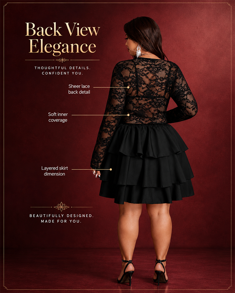 Plus Size Black Lace V-Neck Mini Dress Sheer Long Sleeve Tiered Skirt