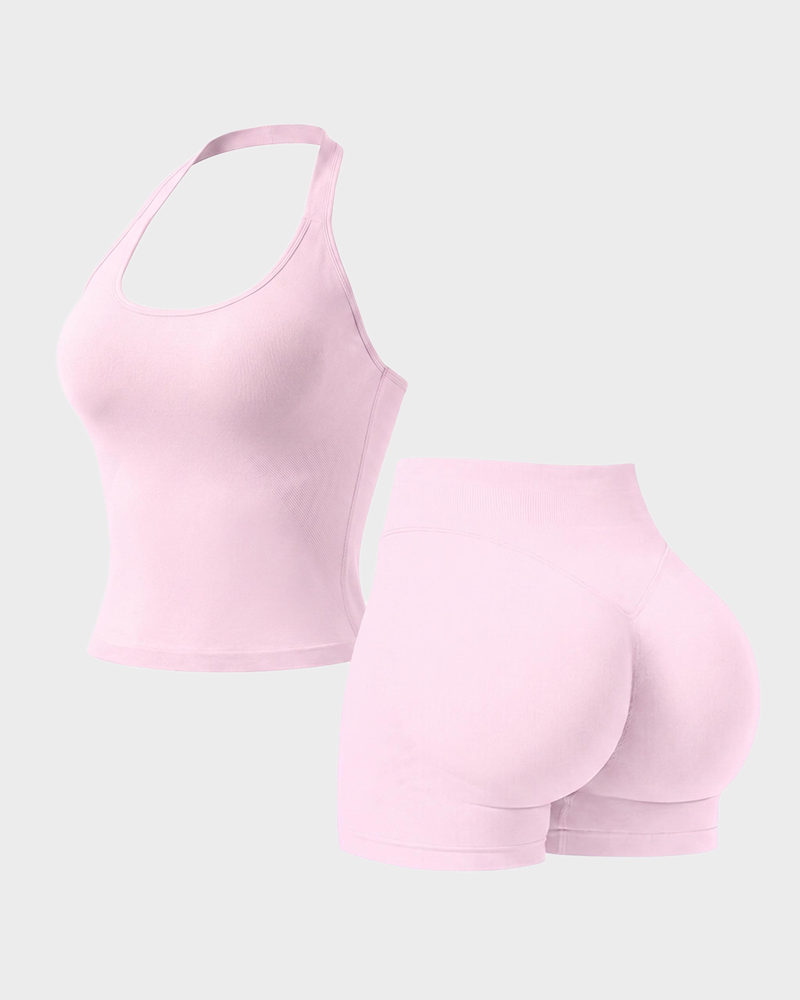 Women's Halter Top & Sports Shorts 2 Piece Yoga Gym Set