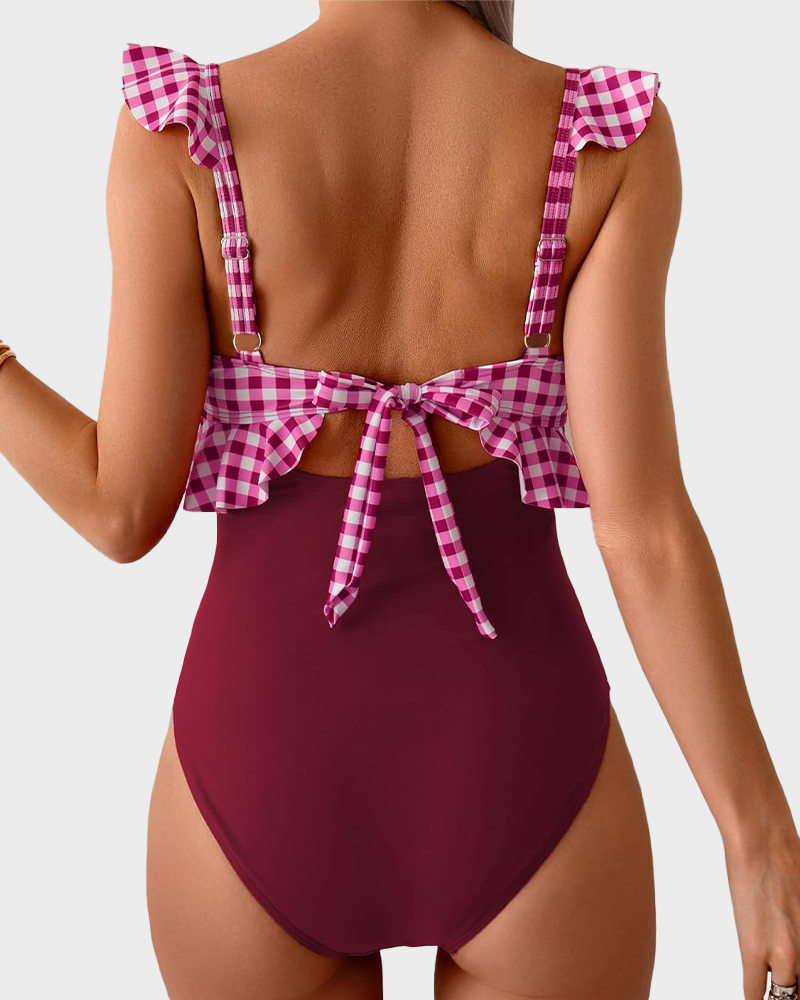 Women’s Tummy Control One Piece – Ruffle V Neck Ruched Slimming Swimsuit