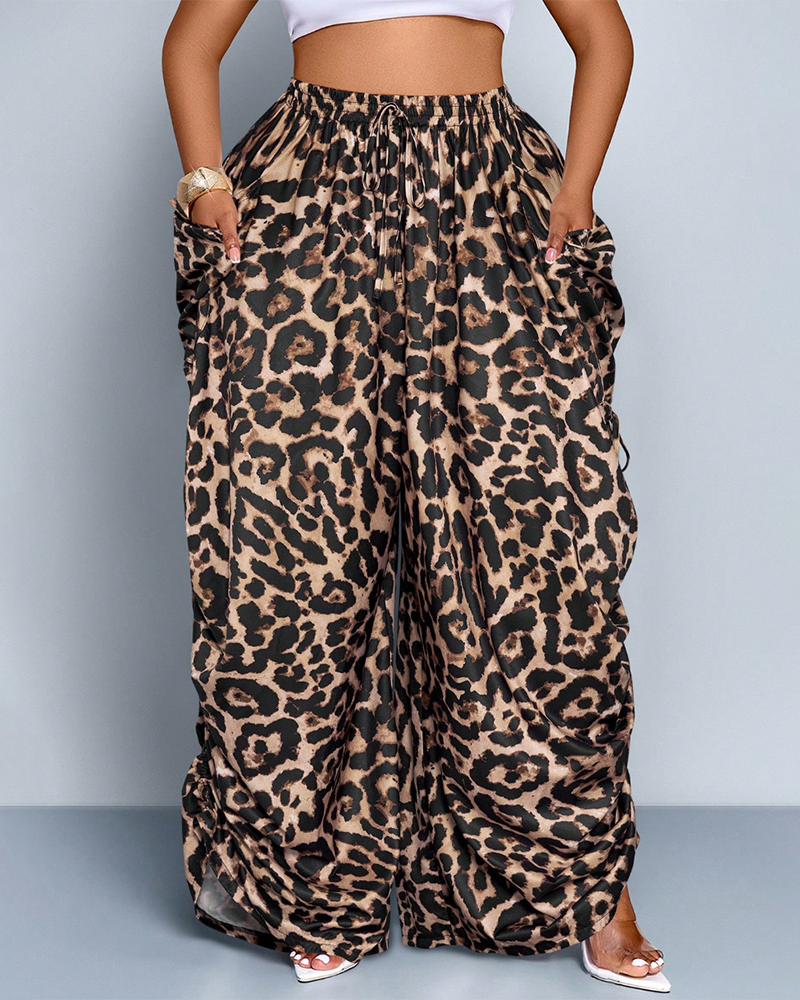 Women's Loose Fit Wide Leg Drawstring Pants Woven Plain