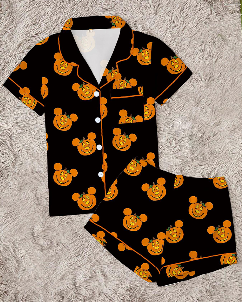 Women's 2 Piece Halloween Cartoon Pajama Set Cute Funny Short Sleeve Sleepwear
