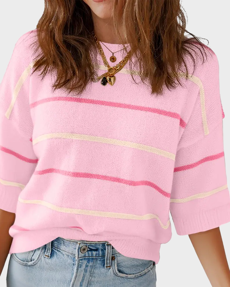 Striped Baggy Pullover Short Sleeve Round Neck Ribbed Cuff Top