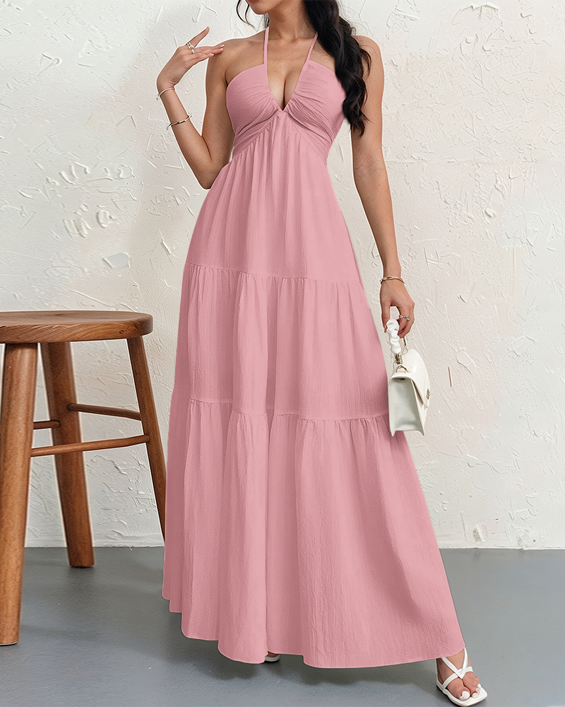 Women's Halter Deep V Neck Tie Knot Backless Maxi Dress – A-Line Flowy Ruffle