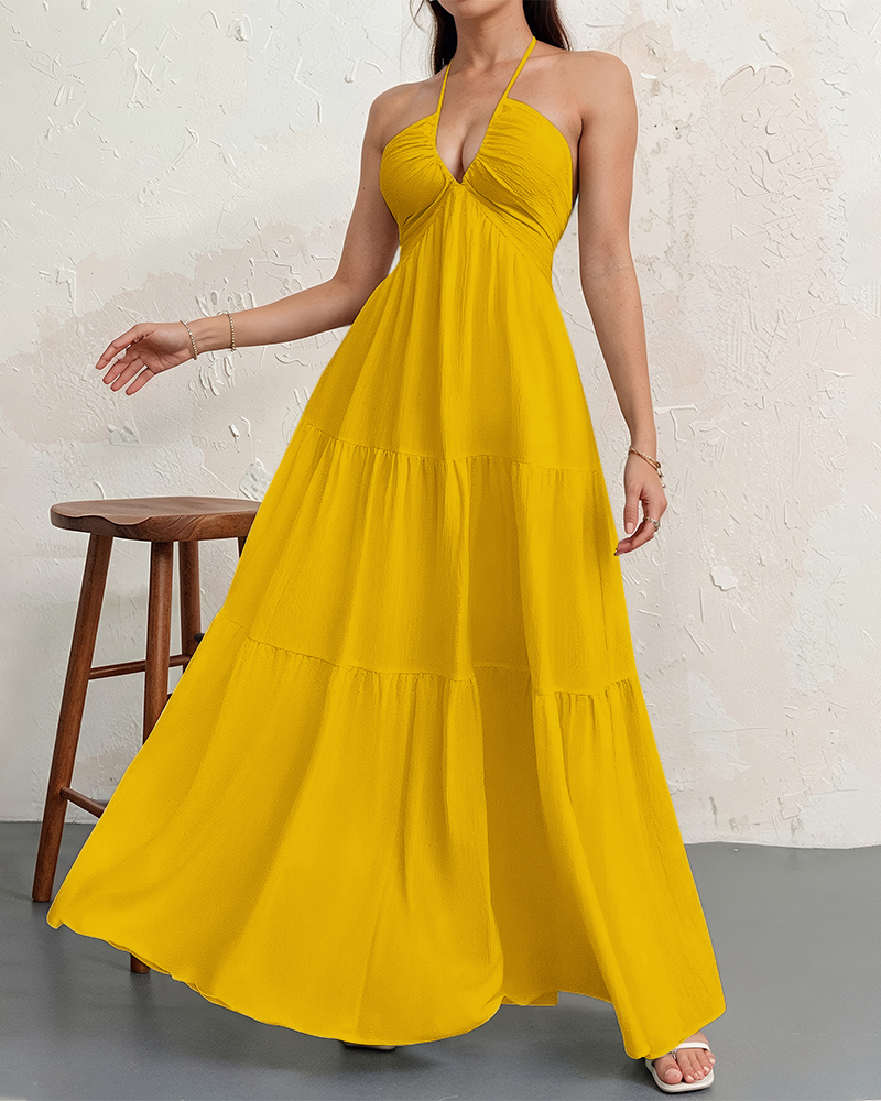 Women's Halter Deep V Neck Tie Knot Backless Maxi Dress – A-Line Flowy Ruffle