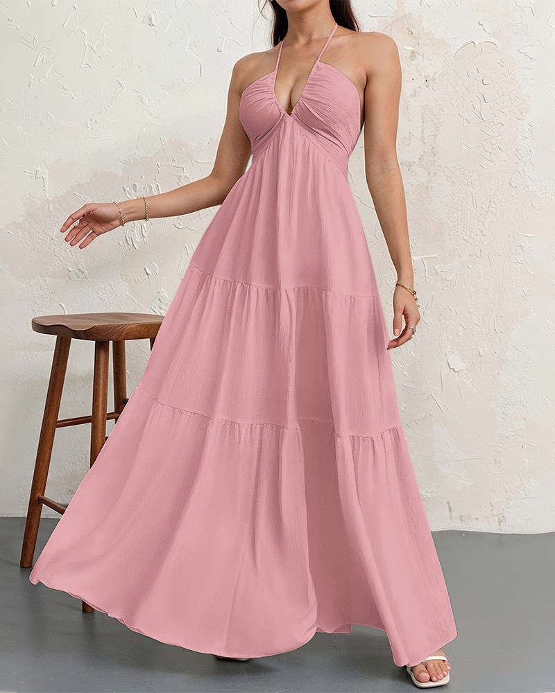 Women's Halter Deep V Neck Tie Knot Backless Maxi Dress – A-Line Flowy Ruffle