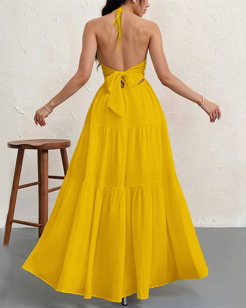 Women's Halter Deep V Neck Tie Knot Backless Maxi Dress – A-Line Flowy Ruffle