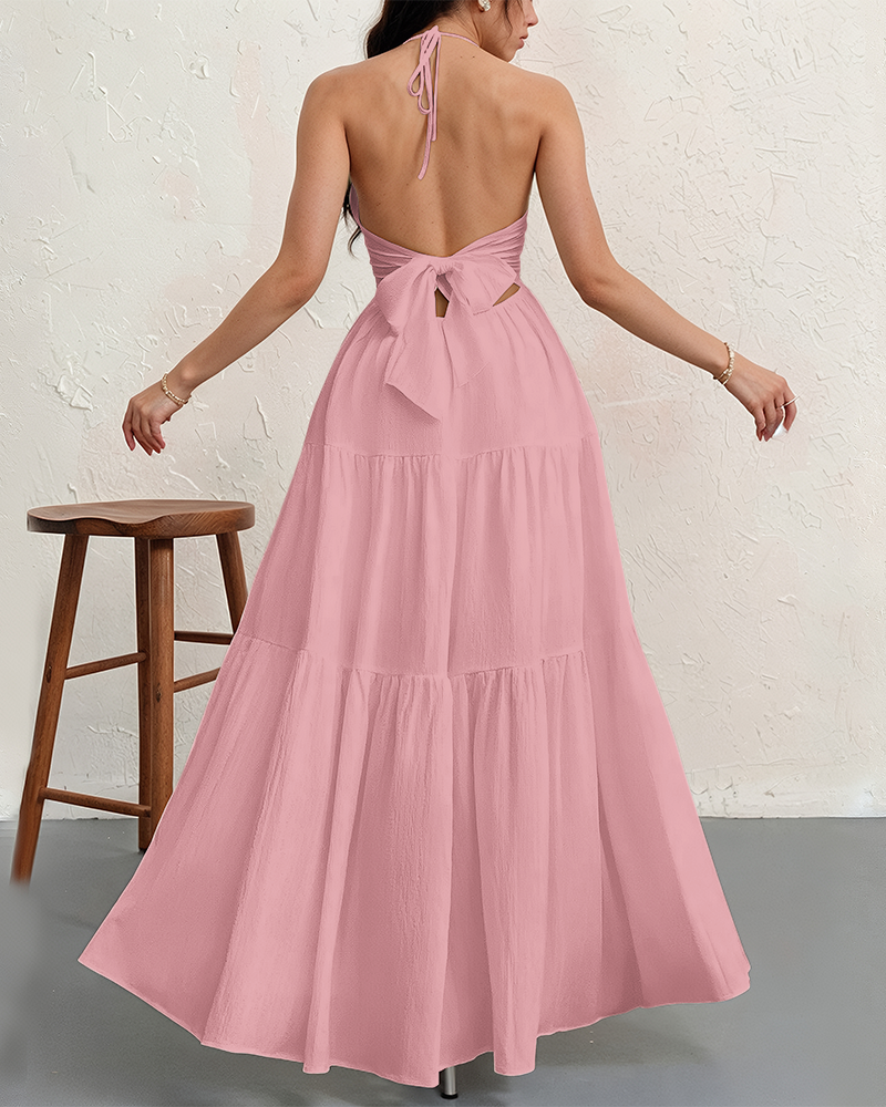 Women's Halter Deep V Neck Tie Knot Backless Maxi Dress – A-Line Flowy Ruffle