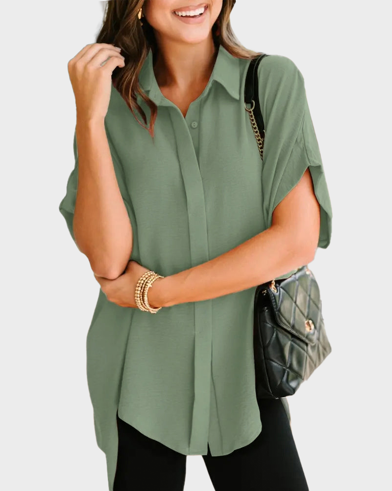 V Neck Batwing Short Sleeve Button Down Oversized Minimalist Blouse