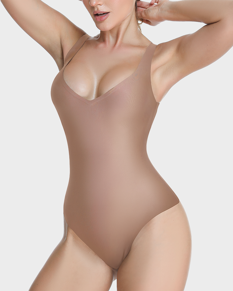 Seamless Wireless Plunge V Neck Tummy Control Backless Thong Bodysuit