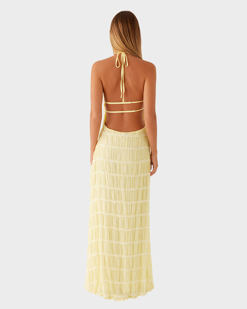 Women's Solid Ruched Bodycon Sleeveless Backless Long Dress