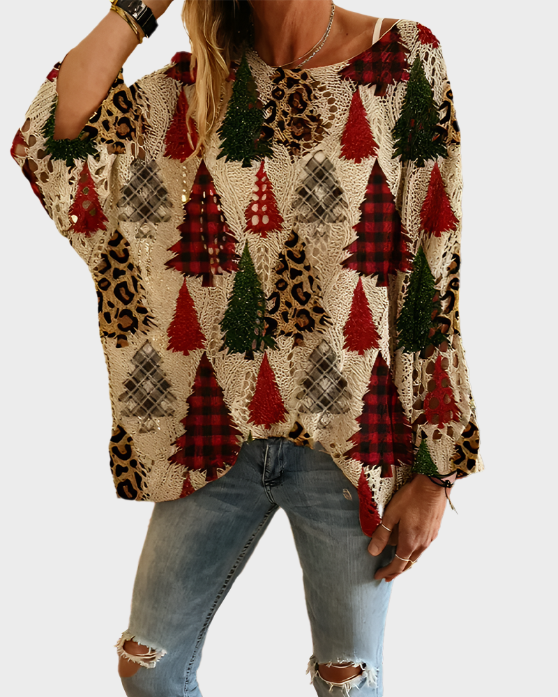 Christmas Women's Knit All Over Print Batwing Sleeves Loose Elegant Top