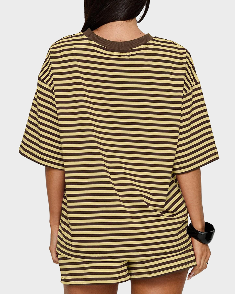Striped Oversized T Shirt & Drawstring Shorts Soft Casual Knit Lounge 2 Piece Set
