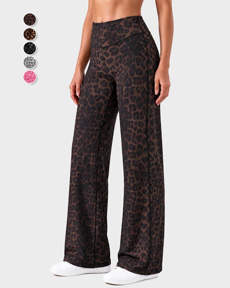 Womens Leopard Print Wide Leg Pants Elastic Waist Fluid Drape Straight Crop Casual