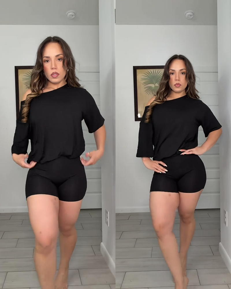 Off Shoulder Top & Fitted Shorts Two Piece Loungewear Set
