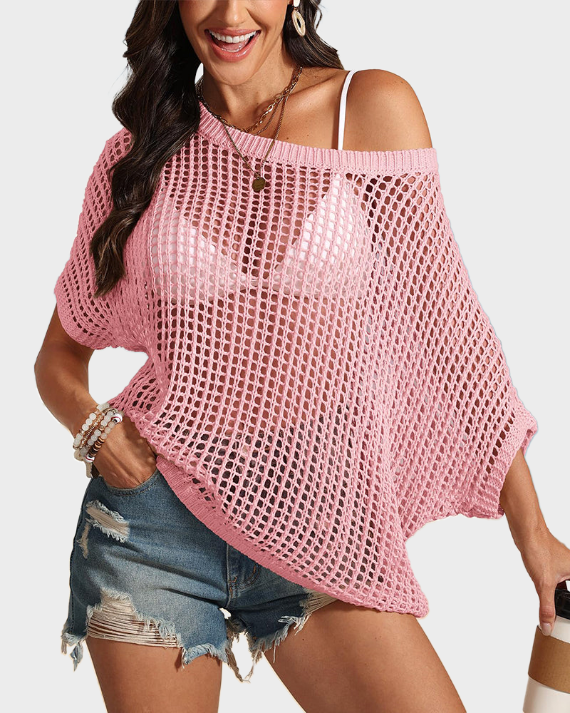 Scoop Neck Short Sleeve Crochet Hollow Out Knit Pullover Top Beach Coverup