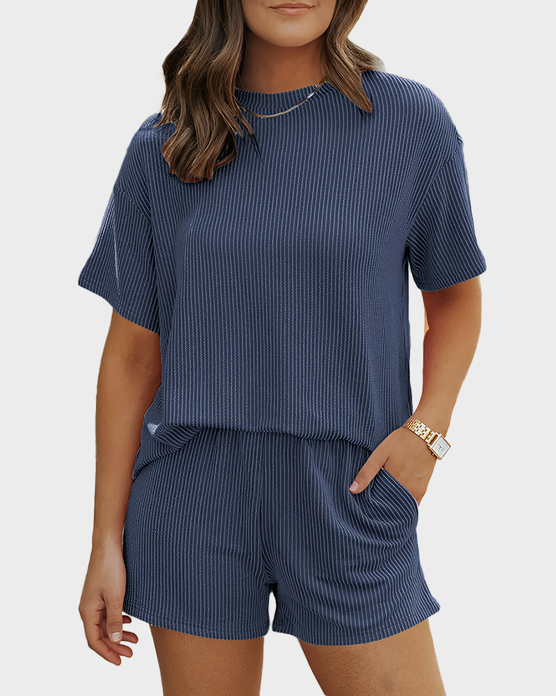 Twisted Short Sleeve Shirt & Shorts Set with Pockets Ribbed Lounge Pajama Set