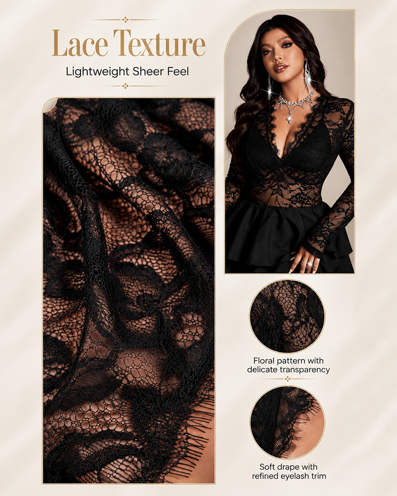 Plus Size Black Lace V-Neck Mini Dress Sheer Long Sleeve Tiered Skirt