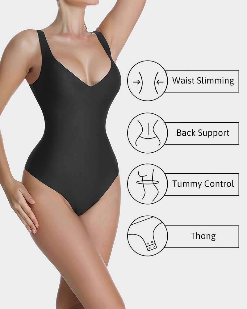 Seamless Wireless Plunge V Neck Tummy Control Backless Thong Bodysuit