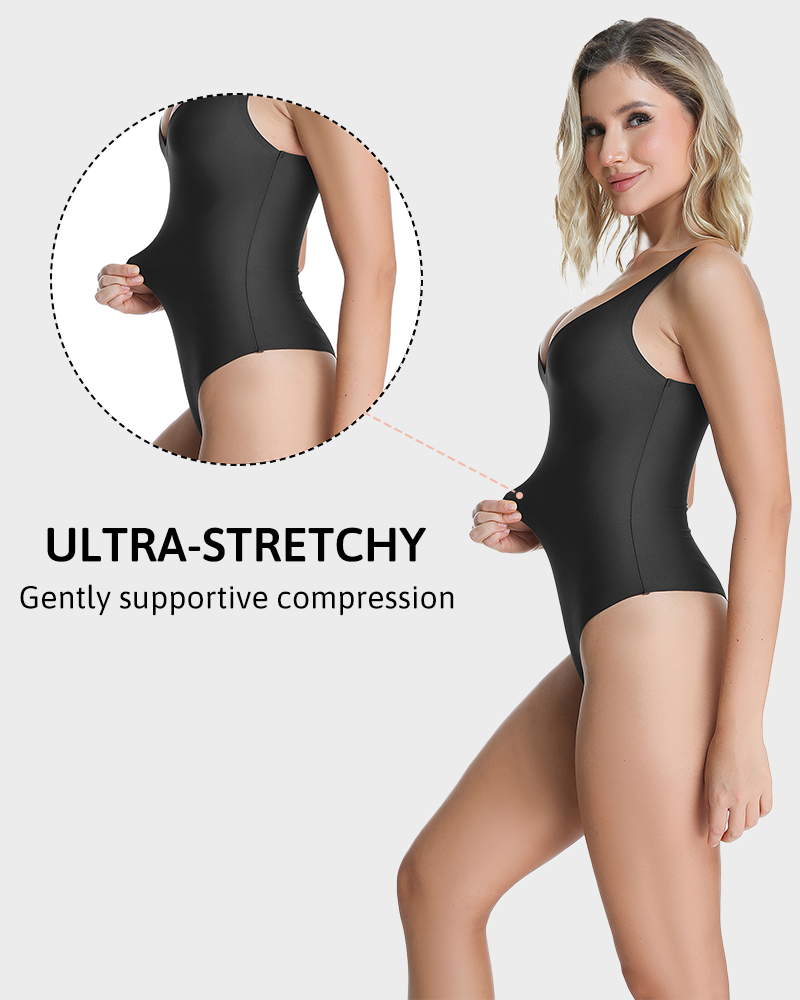 Seamless Wireless Plunge V Neck Tummy Control Backless Thong Bodysuit