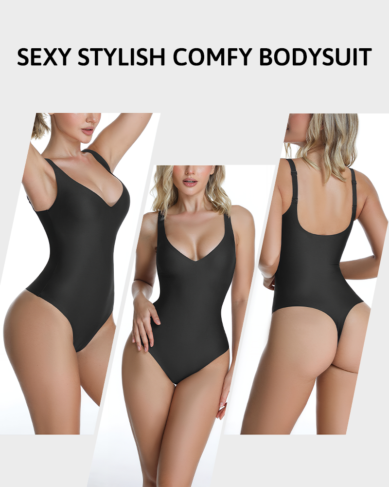 Seamless Wireless Plunge V Neck Tummy Control Backless Thong Bodysuit