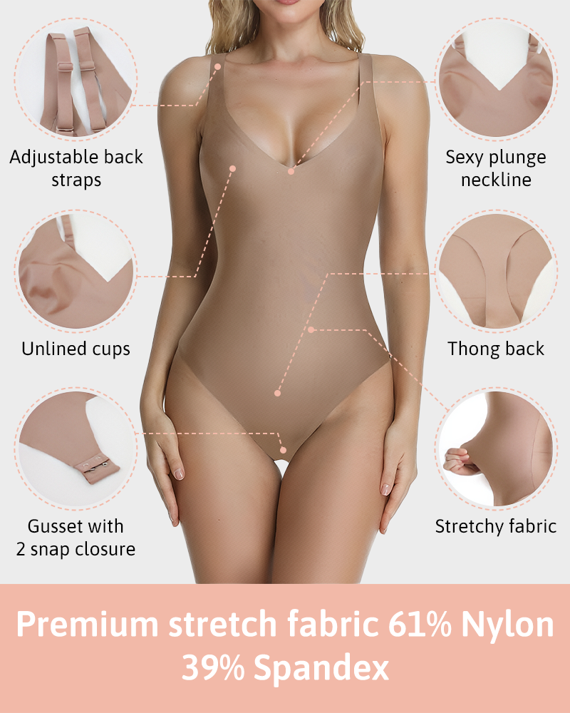 Seamless Wireless Plunge V Neck Tummy Control Backless Thong Bodysuit