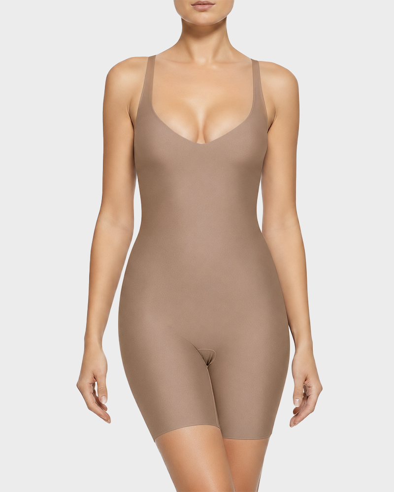 Seamless Wireless Plunge V Neck Tummy Control Backless Thong Bodysuit