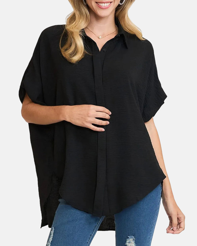 V Neck Batwing Short Sleeve Button Down Oversized Minimalist Blouse