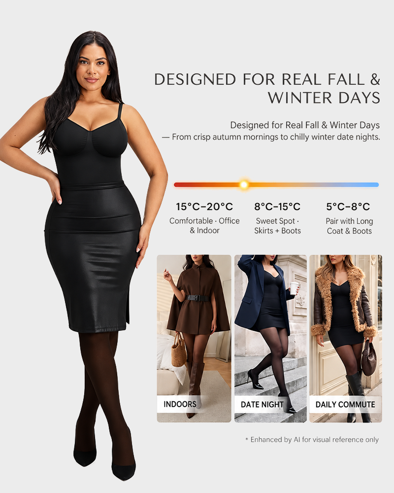 Sheer Panel Fleece Lined Tights Warm Tummy Control Bodysuit