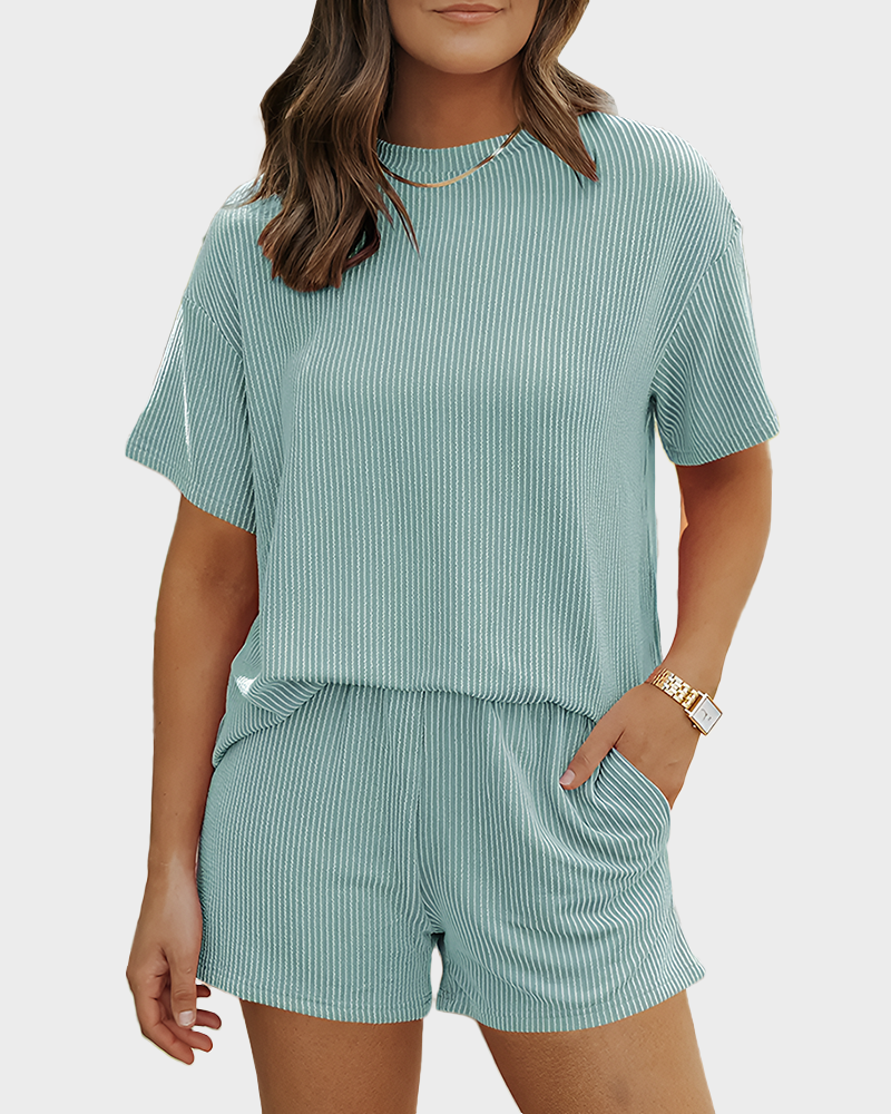Twisted Short Sleeve Shirt & Shorts Set with Pockets Ribbed Lounge Pajama Set