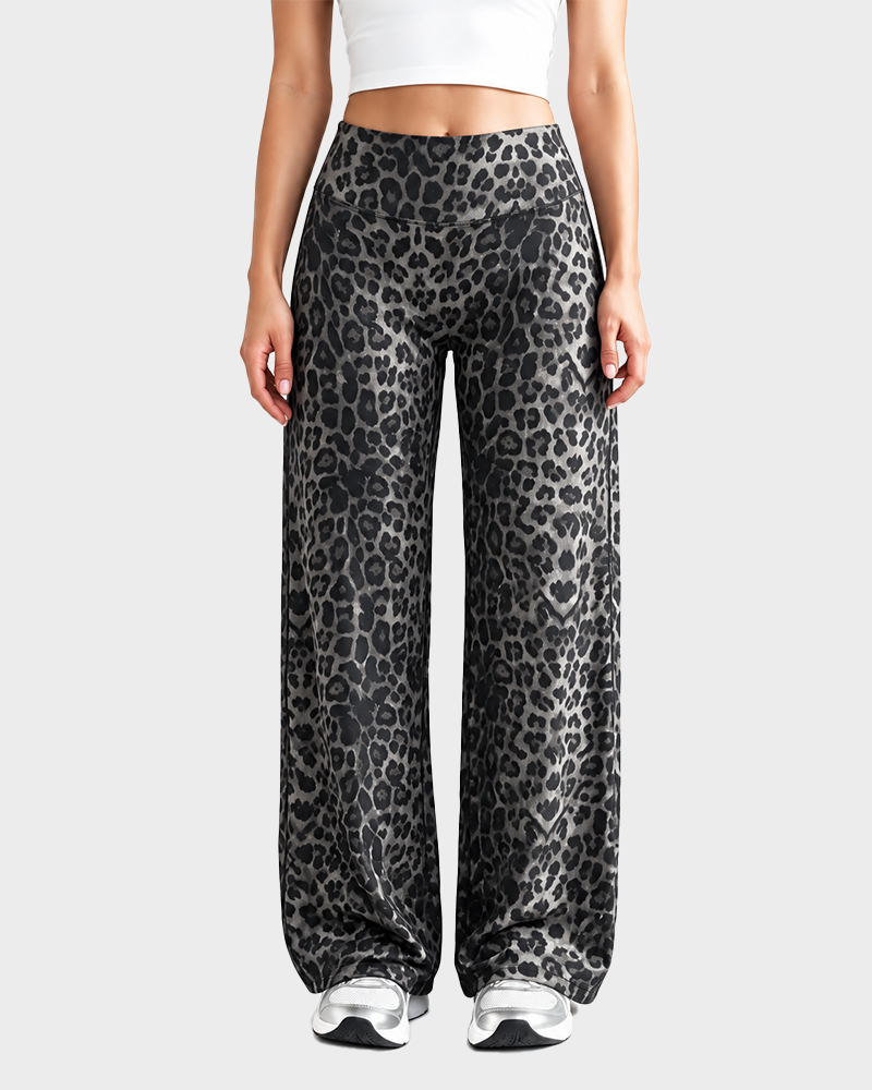 Womens Leopard Print Wide Leg Pants Elastic Waist Fluid Drape Straight Crop Casual