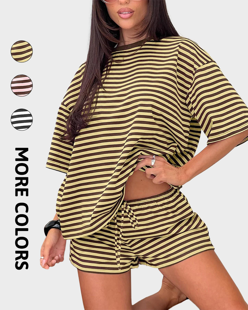 Striped Oversized T Shirt & Drawstring Shorts Soft Casual Knit Lounge 2 Piece Set