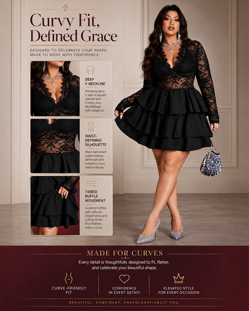 Plus Size Black Lace V-Neck Mini Dress Sheer Long Sleeve Tiered Skirt