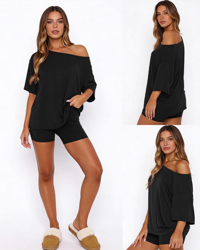 Off Shoulder Top & Fitted Shorts Two Piece Loungewear Set