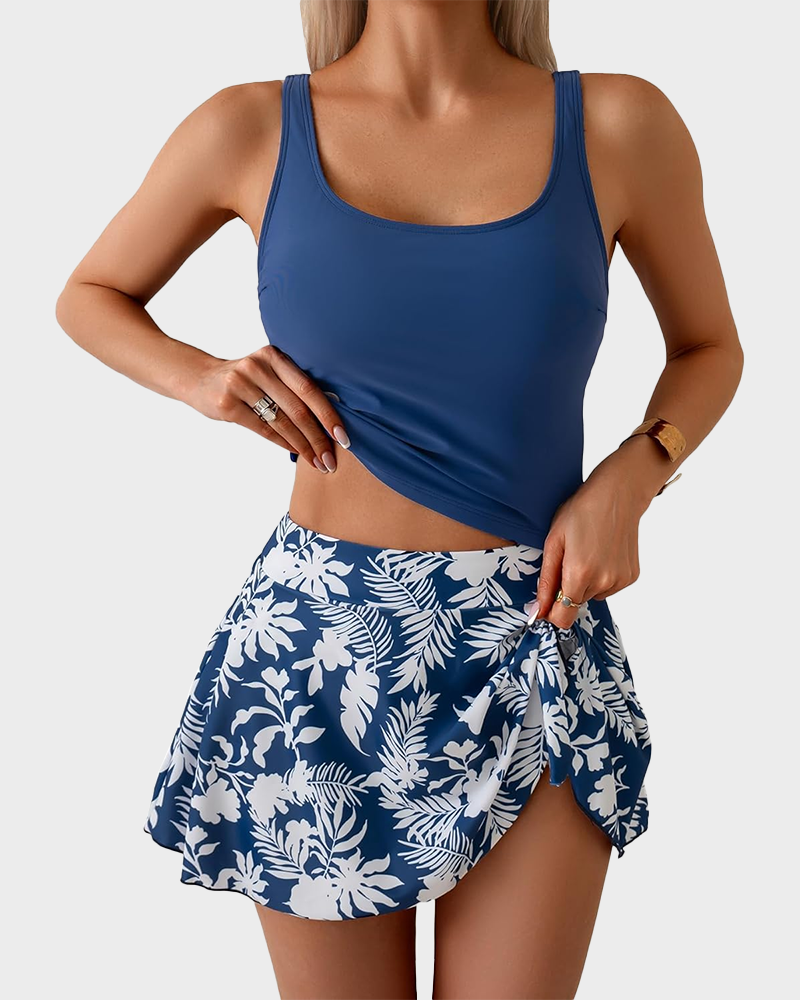 Women Tummy Control Two Piece Bathing Suit High Waisted Tank Top with Swim Skirt