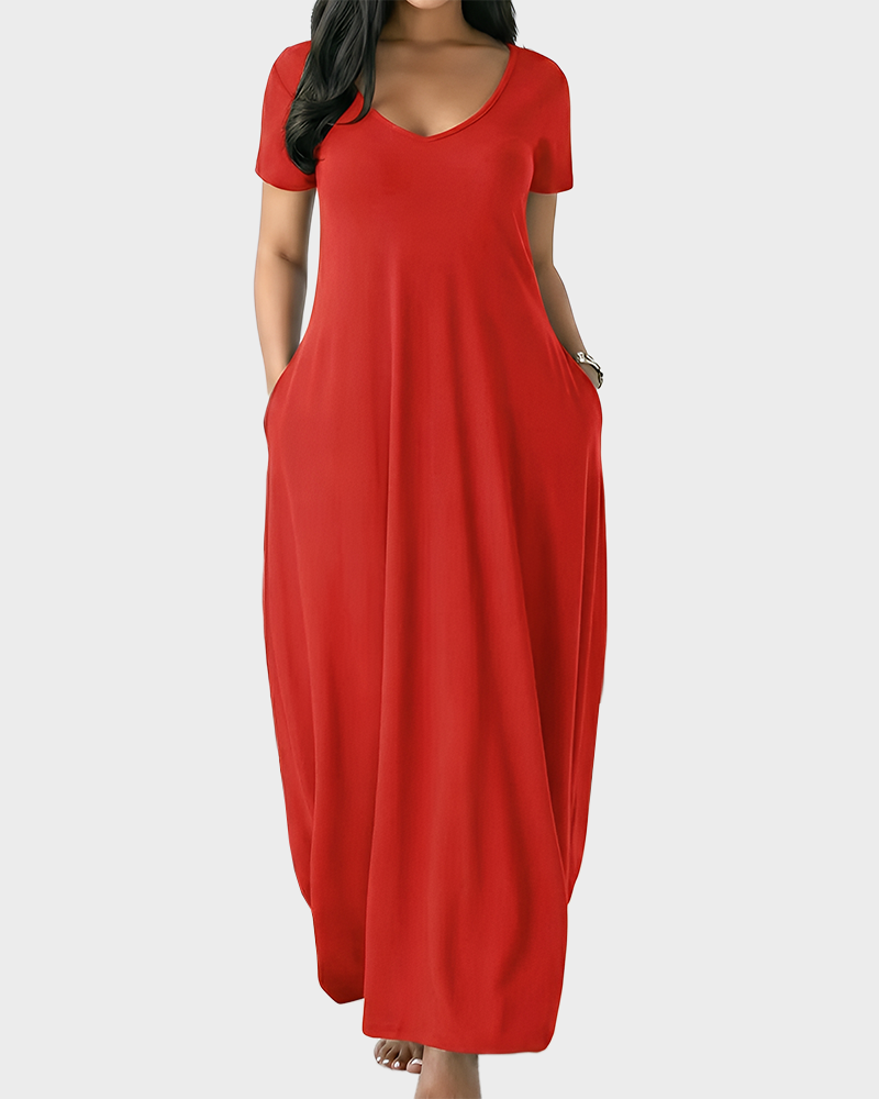 Fitted Short Sleeve Pocket Soft Loungewear Sleepwear Dress
