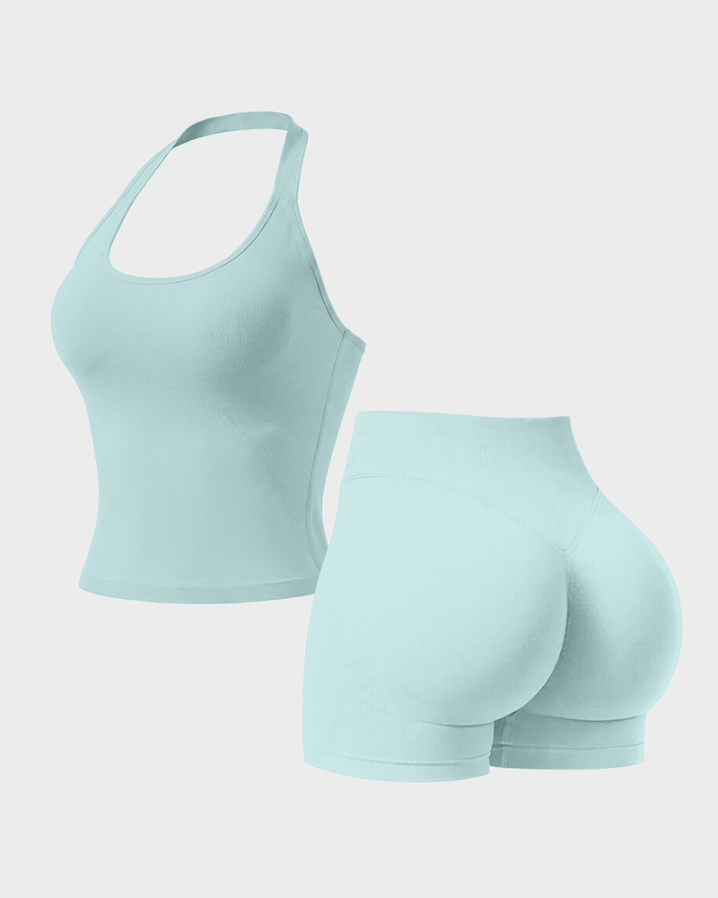 Women's Halter Top & Sports Shorts 2 Piece Yoga Gym Set
