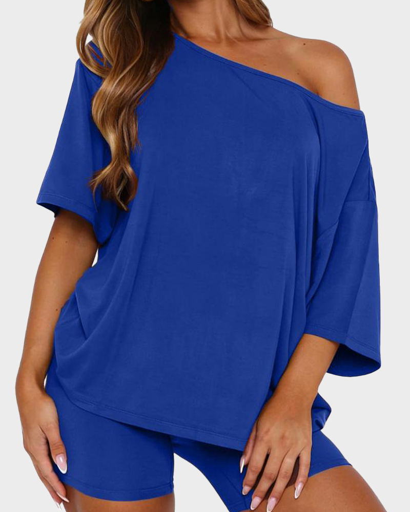 Off Shoulder Top & Fitted Shorts Two Piece Loungewear Set