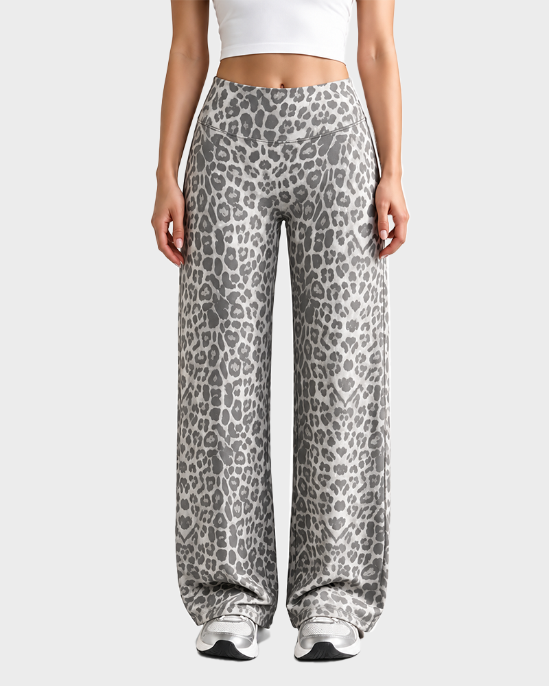 Womens Leopard Print Wide Leg Pants Elastic Waist Fluid Drape Straight Crop Casual