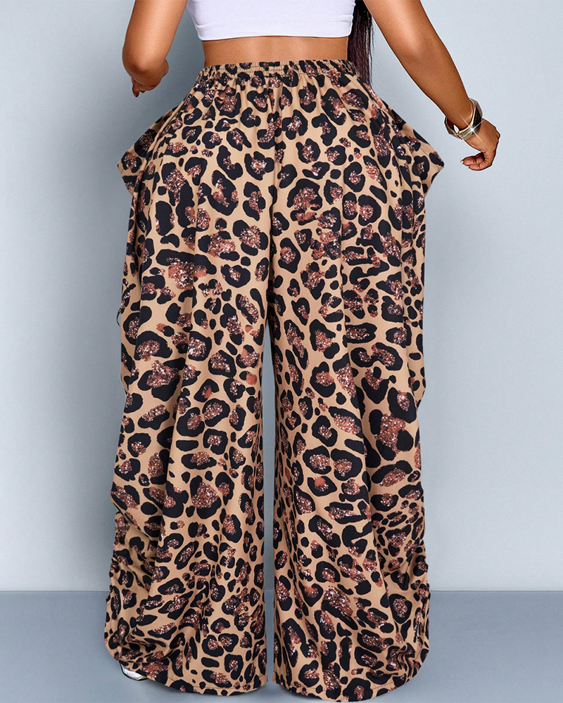 Women's Loose Fit Wide Leg Drawstring Pants Woven Plain