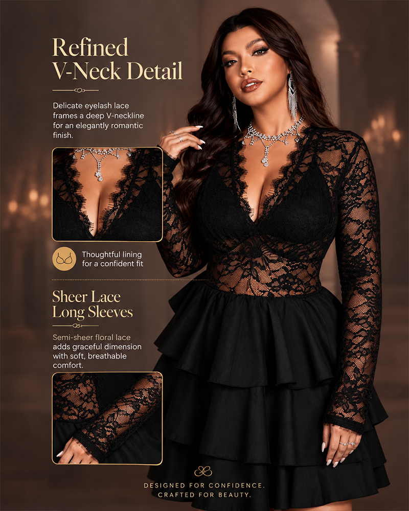 Plus Size Black Lace V-Neck Mini Dress Sheer Long Sleeve Tiered Skirt