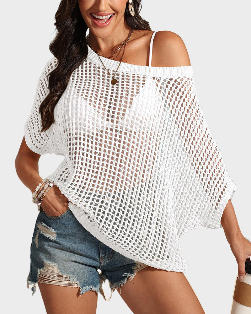 Scoop Neck Short Sleeve Crochet Hollow Out Knit Pullover Top Beach Coverup
