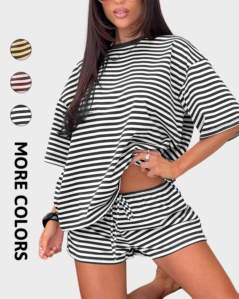 Striped Oversized T Shirt & Drawstring Shorts Soft Casual Knit Lounge 2 Piece Set