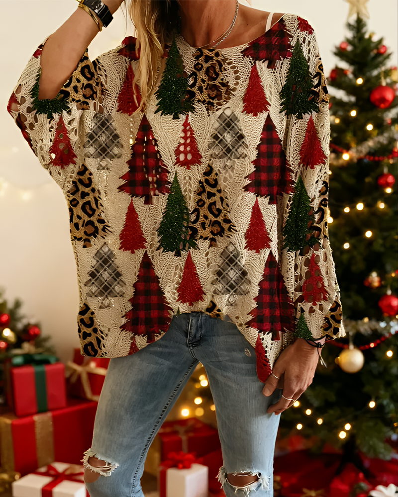 Christmas Women's Knit All Over Print Batwing Sleeves Loose Elegant Top