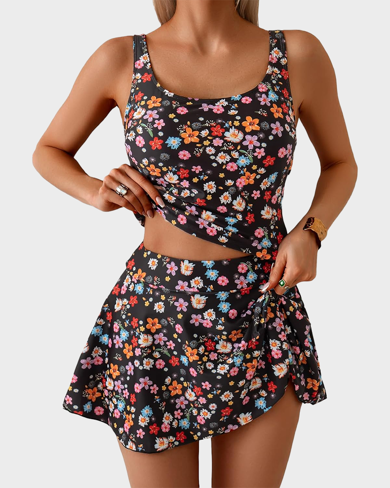 Women Tummy Control Two Piece Bathing Suit High Waisted Tank Top with Swim Skirt