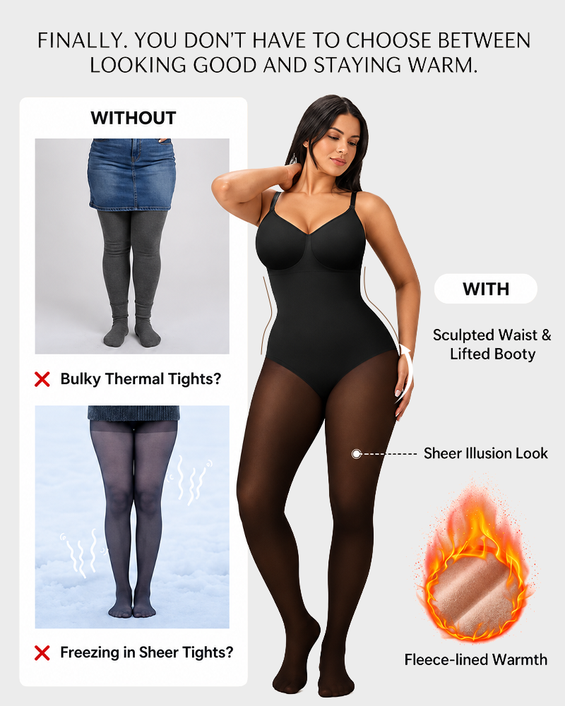 Sheer Panel Fleece Lined Tights Warm Tummy Control Bodysuit