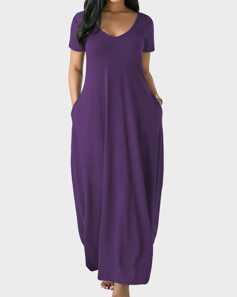 Fitted Short Sleeve Pocket Soft Loungewear Sleepwear Dress