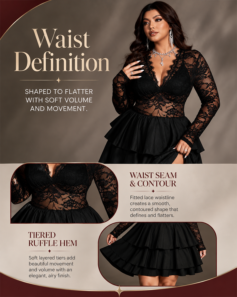 Plus Size Black Lace V-Neck Mini Dress Sheer Long Sleeve Tiered Skirt